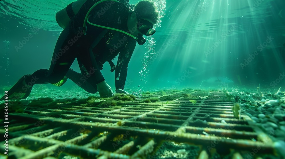 A diver exploring an underwater environment, showcasing the beauty and mystery of marine life beneath the surface. A diver exploring an underwater environment, showcasing the beauty and mystery of marine life beneath the surface.