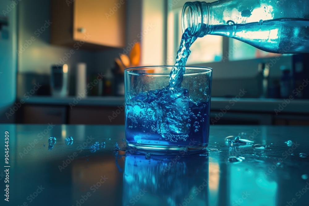Blue Liquid Pouring into a Glass on a Countertop Blue Liquid Pouring into a Glass on a Countertop