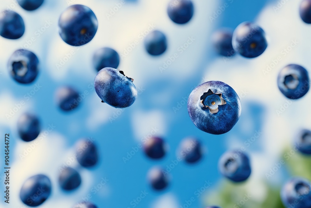 Blueberries Falling Against a Light Blue Background Blueberries Falling Against a Light Blue Background