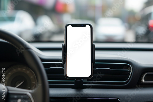 Modern smartphone device gadget mounted on phone holder at car dashboard.