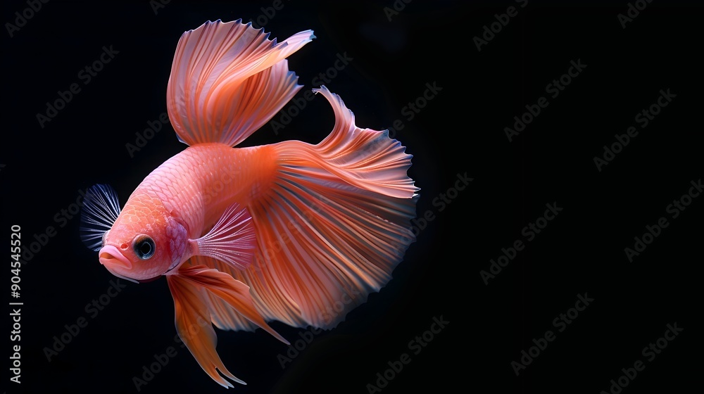 Striking and vibrant pink Betta fish also known as Siamese fighting fish or Betta splendens captured in stunning detail against a dark black background