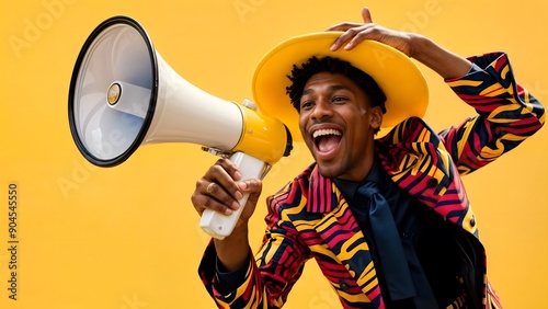 Person Holding Megaphone on Yellow Background
