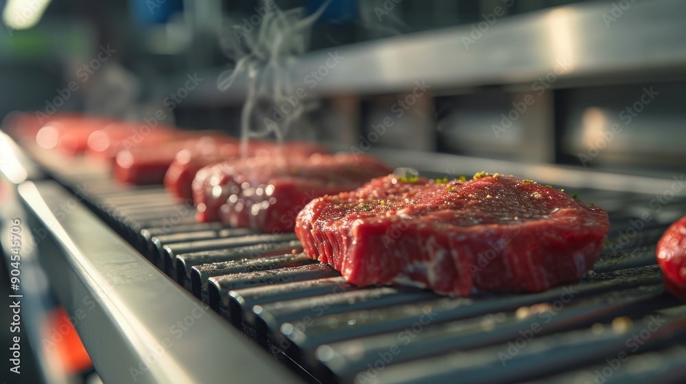 Beef steak grilling on a conveyor, showcasing the cooking process. Juicy and perfectly cooked, capturing the essence of rich, savory meat. 🍖🔥