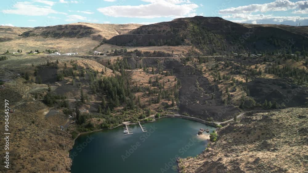 Aerial of boat docks in cove on Columbia River in Grand Coulee Washington on Lake Roosevelt Aerial of boat docks in cove on Columbia River in Grand Coulee Washington on Lake Roosevelt