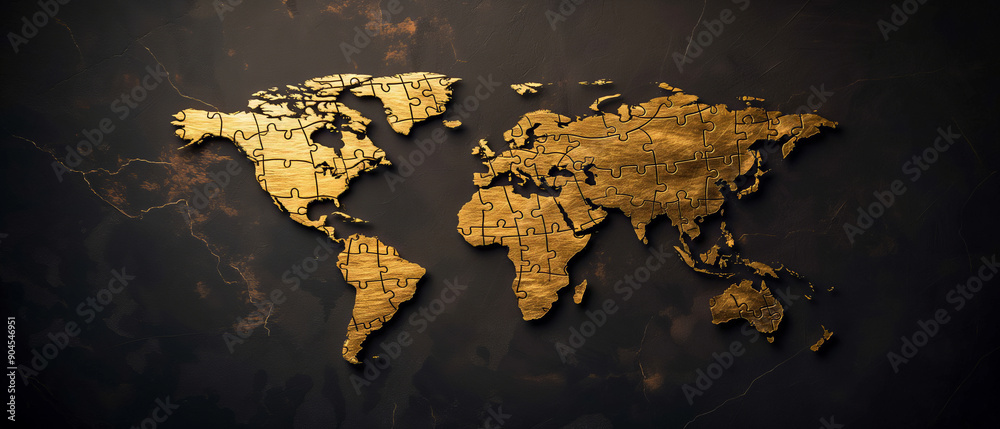 golden world map puzzle on dark textured background, symbolizing the interconnectedness of the modern global business environment with an emphasis on elegance and sophistication golden world map puzzle on dark textured background, symbolizing the interconnectedness of the modern global business environment with an emphasis on elegance and sophistication