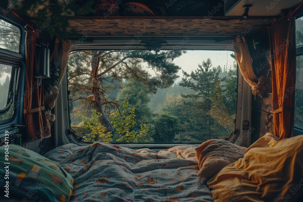 Minivan interior from inside. Van life. Camper interior with view of forest, trees, sunrise. Minivan interior from inside. Van life. Camper interior with view of forest, trees, sunrise.