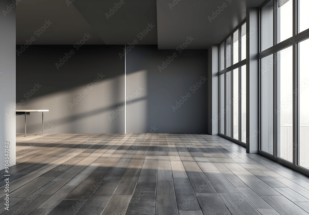 Fototapeta premium Modern and empty room with big windows and dark grey walls