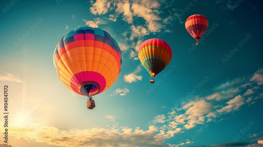 Fototapeta premium Vibrant Hot Air Balloons Floating in a Clear Blue Sky During Sunset - Perfect for Travel-Themed Projects