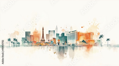 Las Vegas Strip, neon lights, lively atmosphere, Nevada, watercolor style photo