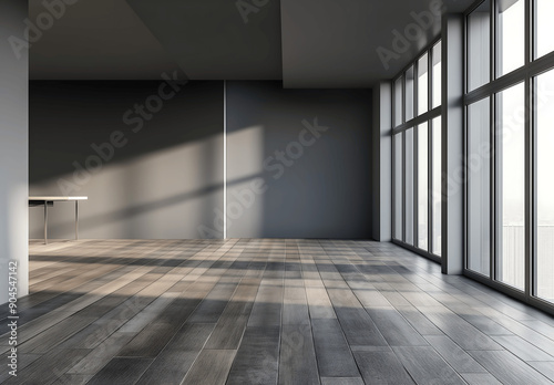 Modern and empty room with big windows and dark grey walls