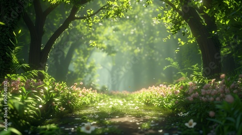 Enchanting Forest Path with Sunlight - Mystical Nature Illustration for Design and Inspiration