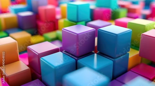 Abstract concept. Multi-colored cubes emerge from square cells on a white glossy surface. Up and down. 3d illustration. High quality 3d illustration