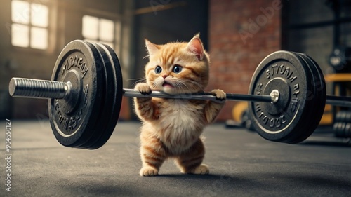 Cute innocent cat effortlessly lifting weights, barbell on the gym as daily fitness routine 