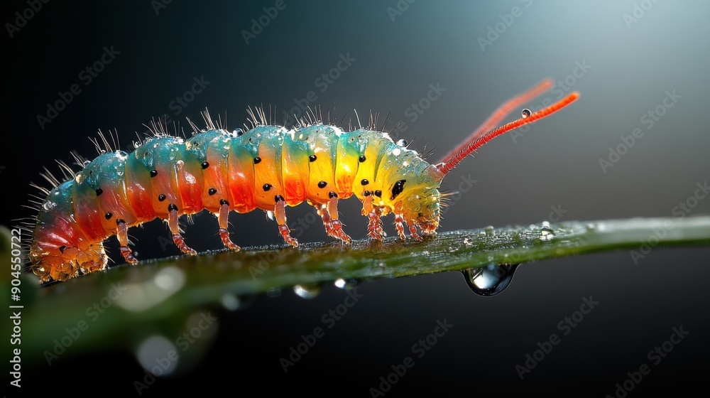Naklejka premium An extreme close-up, highly detailed image of a caterpillar is textured skin, highlighting the bright, colorful scales and tiny hairs in ultrahigh definition