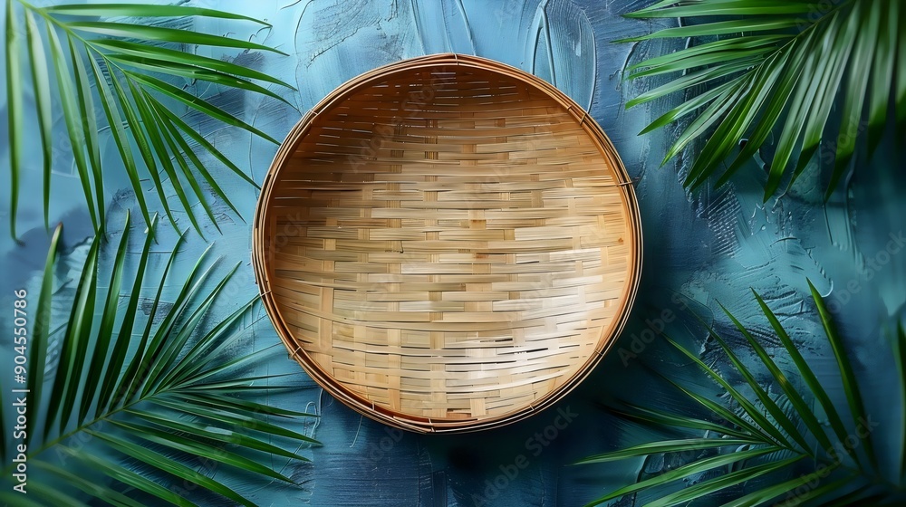 A bowl is sitting on a blue background with green leaves A bowl is sitting on a blue background with green leaves