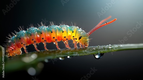 An extreme close-up, highly detailed image of a caterpillar is textured skin, highlighting the bright, colorful scales and tiny hairs in ultrahigh definition photo