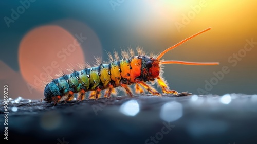 A macro photograph in ultrahigh definition capturing the detailed and colorful skin texture of a caterpillar, emphasizing its bright hues and intricate surface patterns photo