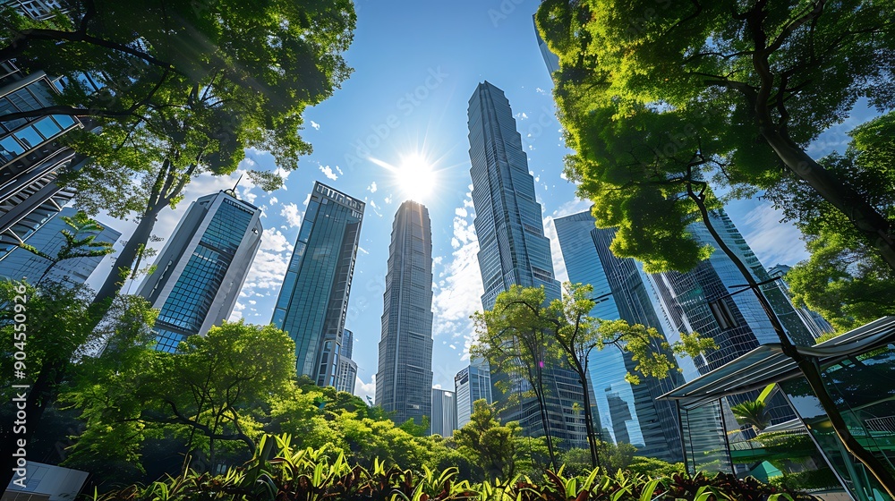 Obraz premium Economic Progress and Environmental Preservation: Financial District with Greenery