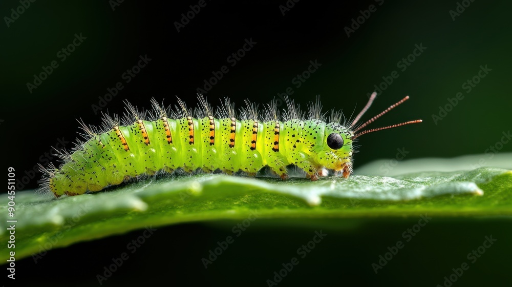 Naklejka premium Close-up view of a vibrant green caterpillar with intricate textures and fine details, showcasing its segmented body and tiny bristles on a leaf