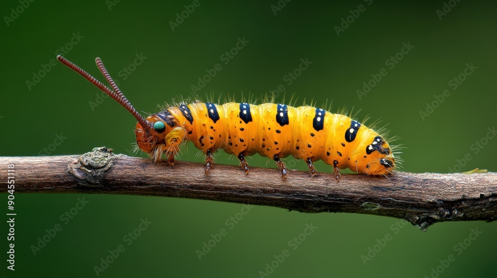 Highly detailed macro shot of a caterpillar crawling on a branch, emphasizing its unique patterns, subtle color variations, and the fine hairs on its body Highly detailed macro shot of a caterpillar crawling on a branch, emphasizing its unique patterns, subtle color variations, and the fine hairs on its body