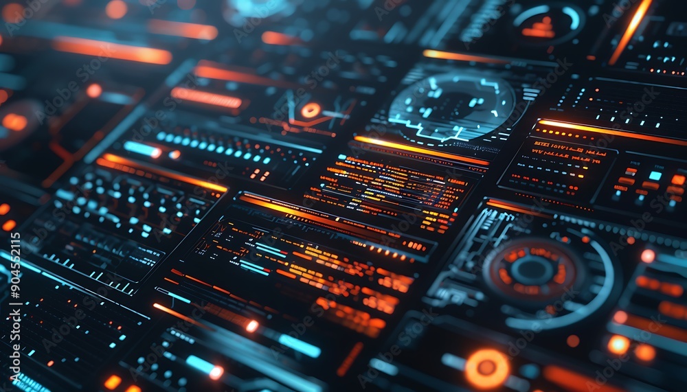 Closeup Futuristic Software Interface: Holographic Code and Digital Elements Closeup Futuristic Software Interface: Holographic Code and Digital Elements