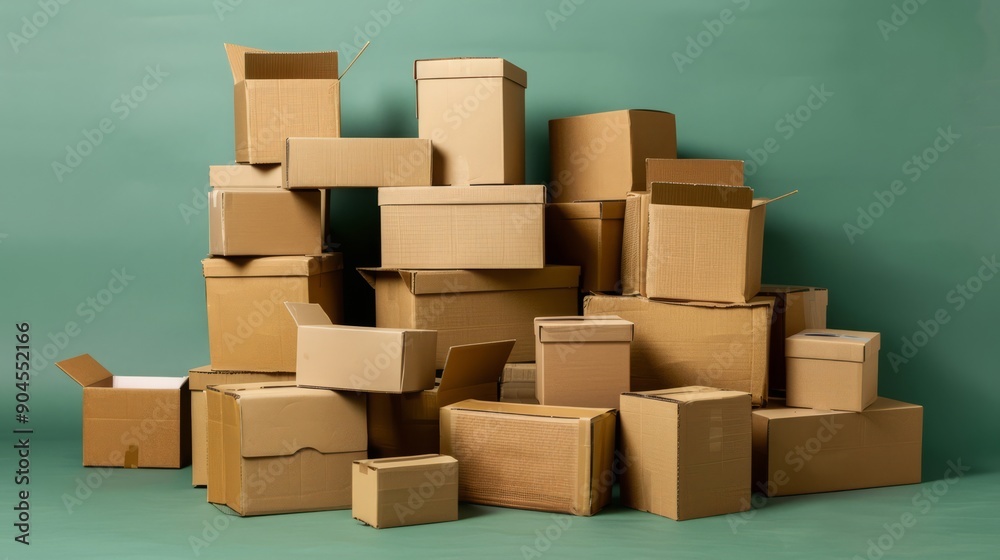 Fototapeta premium A neatly stacked pile of cardboard boxes on a plain background, symbolizing moving or storage organization