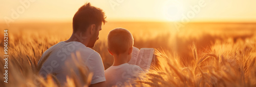 Father and son reading the bible in wheat field at sunset. photo