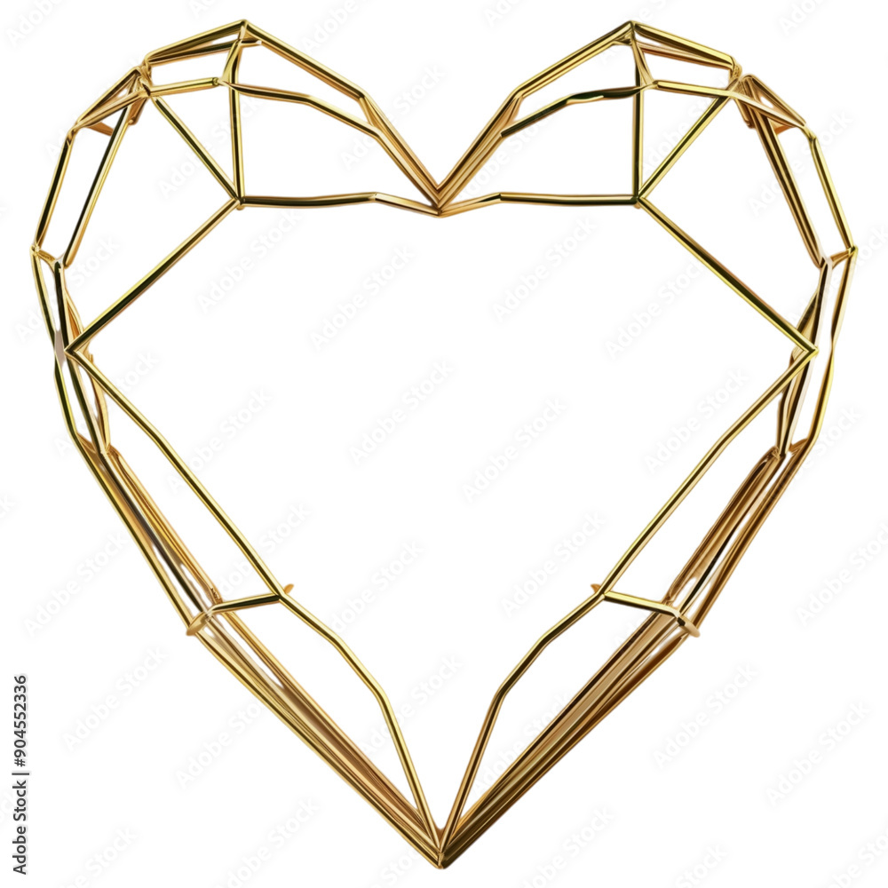 Geometric wireframe heart shape in metallic gold, isolated on a transparent background, minimalist design.
Geometric wireframe heart shape in metallic gold, isolated on a transparent background, minimalist design.