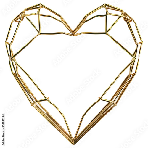 Geometric wireframe heart shape in metallic gold, isolated on a transparent background, minimalist design. 