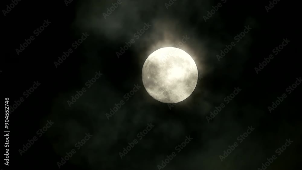 The Full Moon shines brightly in the cloudy night sky, creating a mystical backdrop The Full Moon shines brightly in the cloudy night sky, creating a mystical backdrop