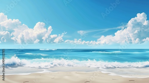 Tranquil Beach Scene with Clear Blue Sky and White Clouds â€“ Ideal for Travel and Relaxation Themes © Qstock