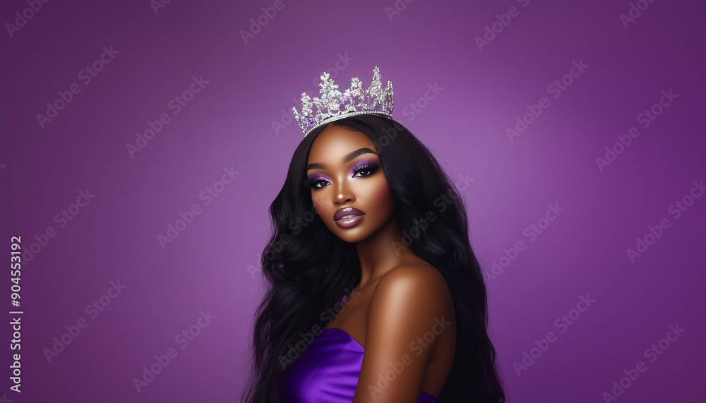 African American Young Beauty Queen Wearing Elegant Tiara, isolated purple background African American Young Beauty Queen Wearing Elegant Tiara, isolated purple background