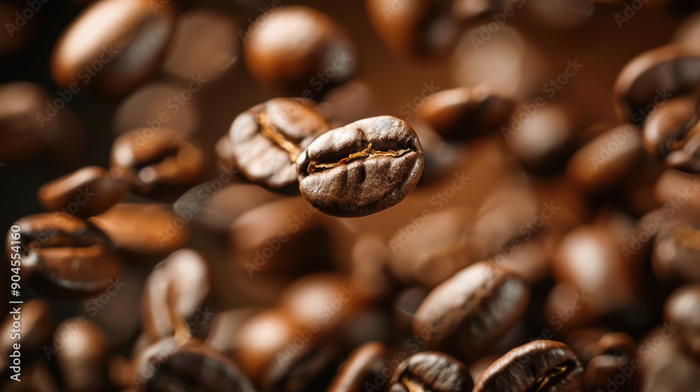 Fototapeta premium Coffee beans gently falling with a background in soft focus, capturing the essence of their delicate motion