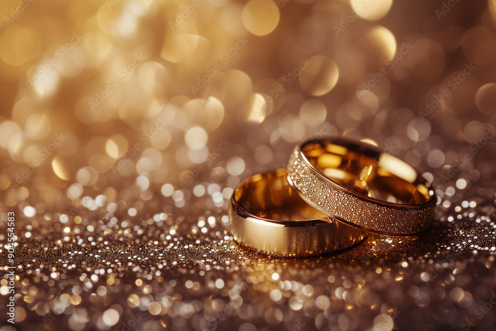 Gold wedding rings displayed on table in wedding ceremony theme Gold wedding rings displayed on table in wedding ceremony theme