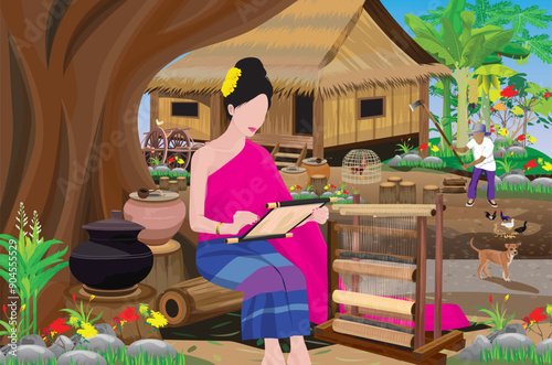 A young country girl in a traditional Thai dress is sitting under a big tree weaving looms while her father is using an axe to cut firewood in front of a straw hut.vector design