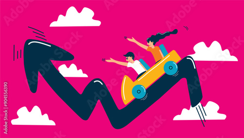 Adobe Illustrator An illustration symbolizing the volatility of the financial stock market, where a roller coaster ride represents the rising and falling trends. 