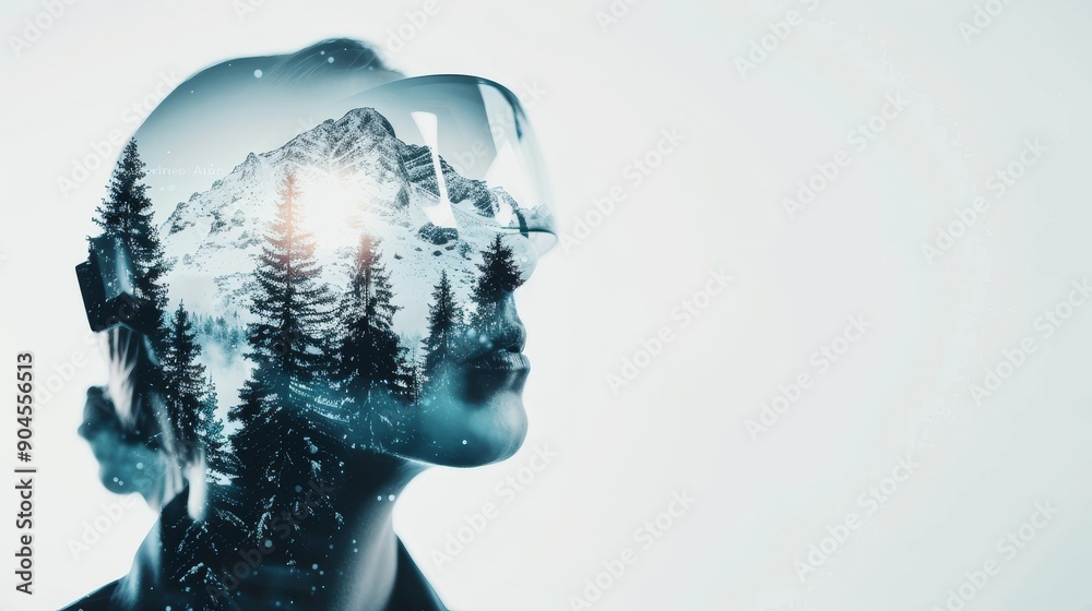Artistic double exposure of a scientist, fusing with a digital interface and a scenic mountain forest postcard, highlighting the fusion of technology and nature Artistic double exposure of a scientist, fusing with a digital interface and a scenic mountain forest postcard, highlighting the fusion of technology and nature