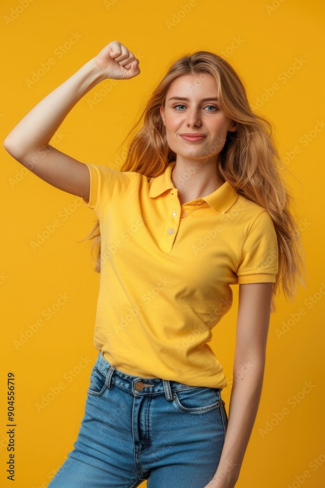 A woman poses for a photo wearing a bright yellow shirt and jeans A woman poses for a photo wearing a bright yellow shirt and jeans