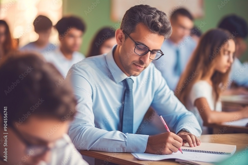 A student sitting at a desk, pen in hand, concentrating on their exam paper. Student taking a test. A student sitting at a desk, pen in hand, concentrating on their exam paper. Student taking a test.