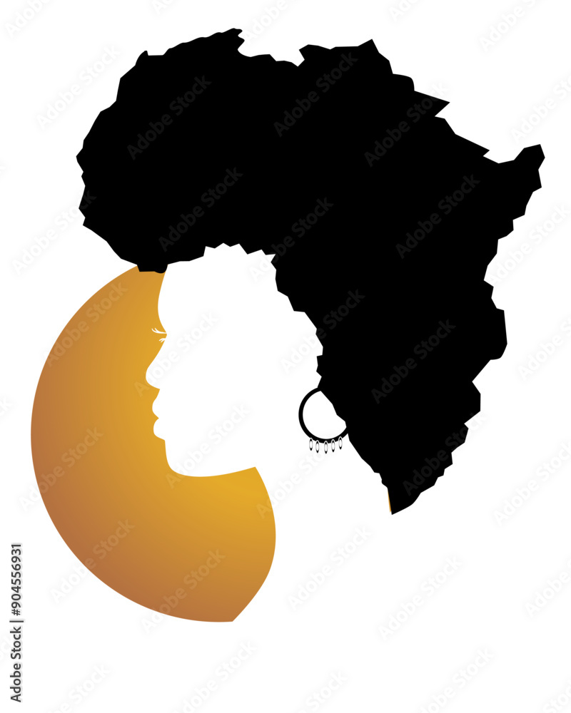 African woman, face profile silhouette with hair in the shape of Africa's map and golden sun at the back. Vector illustration isolated on white background African woman, face profile silhouette with hair in the shape of Africa's map and golden sun at the back. Vector illustration isolated on white background