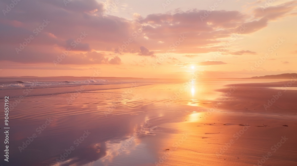 Deserted beach with the sun just rising over the horizon, generative ai Deserted beach with the sun just rising over the horizon, generative ai