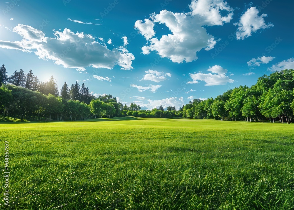 Fototapeta premium Green Grass Field Under a Sunny Sky