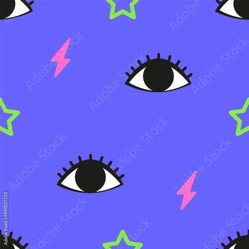 Winked, open, close eyes. Seamless pattern in Y2K style.