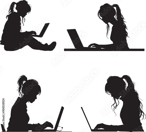 Silhouette of a woman working on a laptop, vector of girl using laptop on table