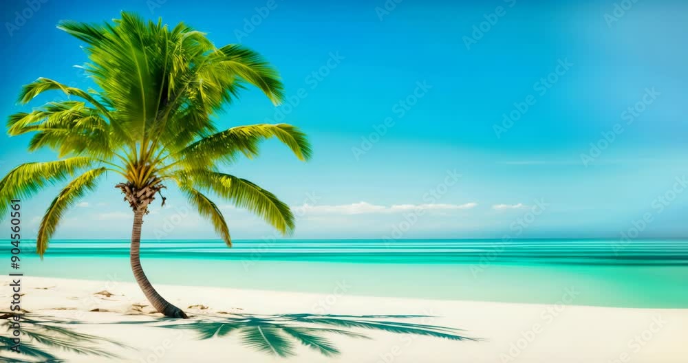 Tropical Beach Scene: Relaxing Ocean View with Swaying Palm Tree, Blue Skies, and White Sand. Summer Vacation, Travel Concept.