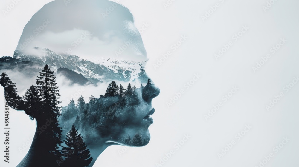 Double exposure photography of a librarian, merging their form with a futuristic digital interface and a scenic mountain forest landscape, creating a unique visual postcard Double exposure photography of a librarian, merging their form with a futuristic digital interface and a scenic mountain forest landscape, creating a unique visual postcard