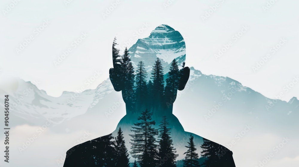 Double exposure of a carpenter, merging their image with futuristic digital elements and a postcard-like mountain forest landscape, creating a unique visual Double exposure of a carpenter, merging their image with futuristic digital elements and a postcard-like mountain forest landscape, creating a unique visual