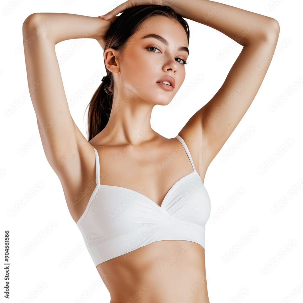 Obraz premium Attractive slim woman wearing white underwear posing with hands raised up, concept of beauty, body and skin care, isolated on transparent background