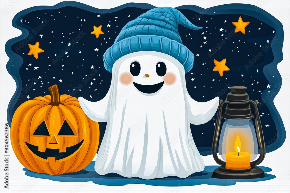 Ghost with Lantern and Jack-O'-Lantern Under Starry Sky Ghost with Lantern and Jack-O'-Lantern Under Starry Sky
