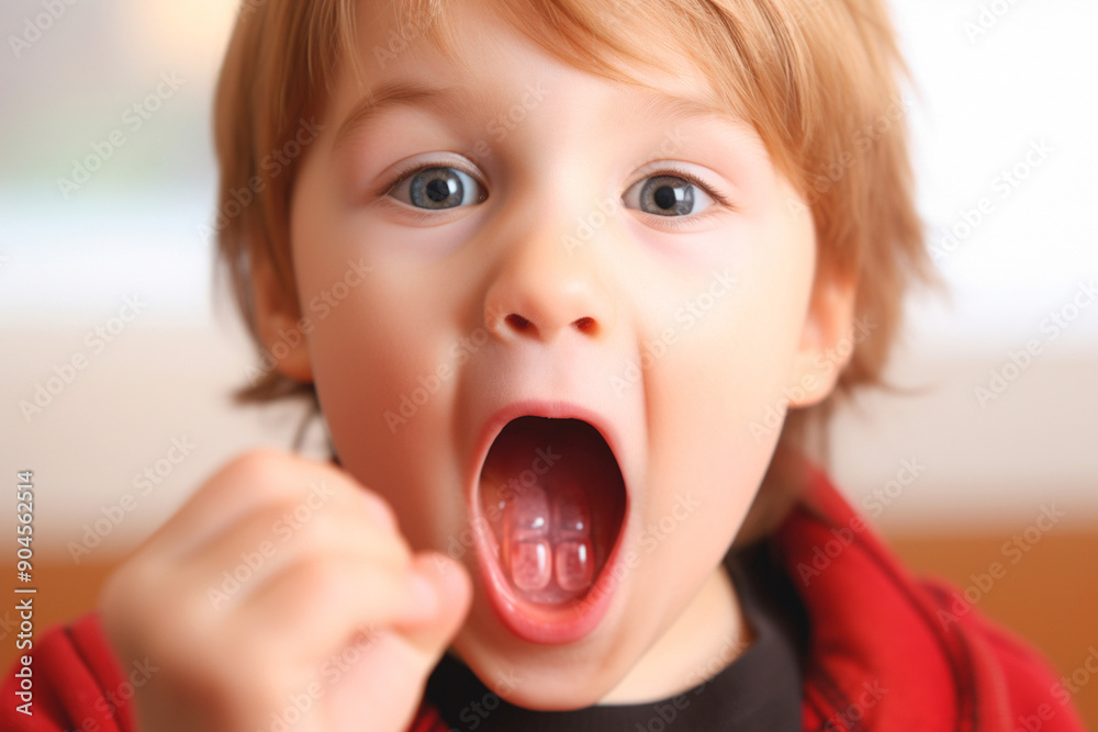 A child's mouth wide open, a visual cue for parents to regulate sugar intake. A child's mouth wide open, a visual cue for parents to regulate sugar intake.